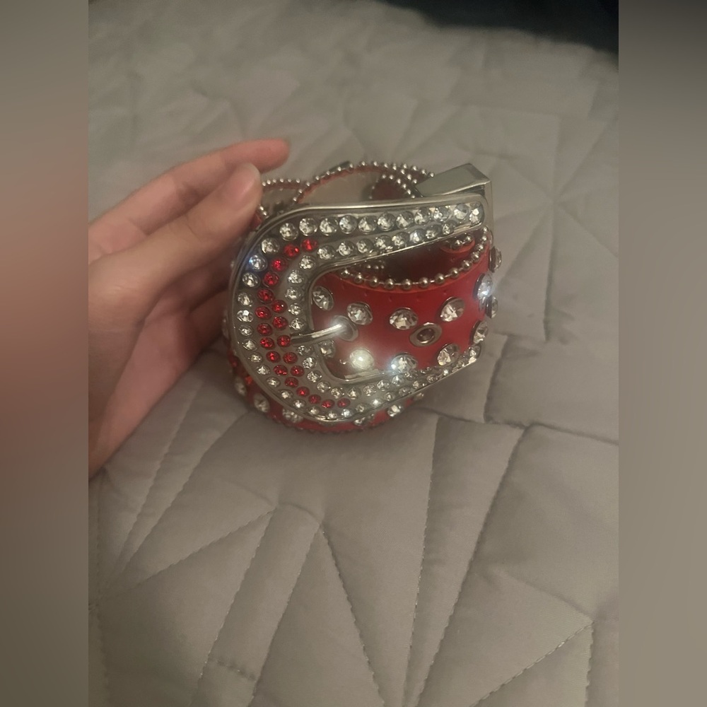 Red & Silver Rhinestone Belt 44 inches Western Y2K